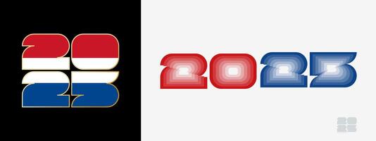 Year 2025 with flag of Netherlands and in color palate of Netherlands flag. Happy New Year 2025 in two different style. vector