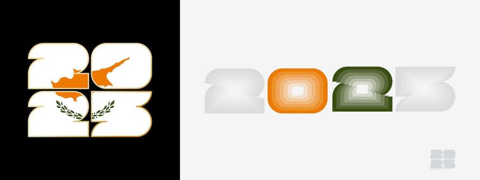 Year 2025 with flag of Cyprus and in color palate of Cyprus flag. Happy New Year 2025 in two different style. vector