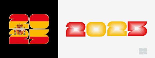 Year 2025 with flag of Spain and in color palate of Spain flag. Happy New Year 2025 in two different style. vector