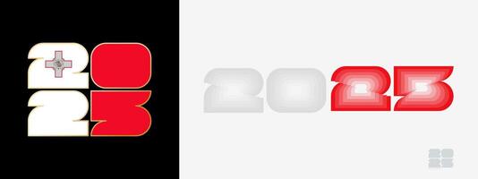 Year 2025 with flag of Malta and in color palate of Malta flag. Happy New Year 2025 in two different style. vector