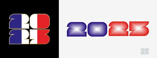 Year 2025 with flag of France and in color palate of France flag. Happy New Year 2025 in two different style. vector