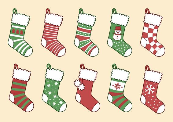 Christmas Groovy socks set. Hanging socks in red and green with Christmas patterns