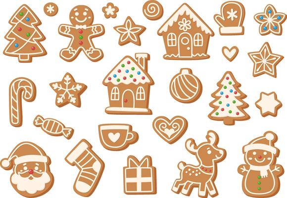 Christmas gingerbread cookies of different shapes and sizes. Gingerbread houses, Christmas trees, man, snowflakes and stars, deer and snowman.