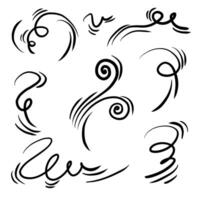 Doodle wind line sketch set. Hand drawn doodle wind movement, air blowing, vortex elements. Sketch of air blowing movement, abstract lines. vector