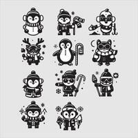 A set of black and white cartoon characters with different outfits vector