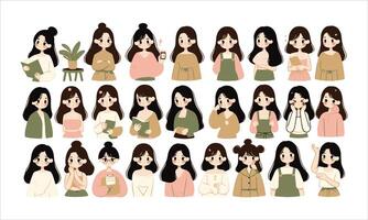 A set of women with different facial expressions vector
