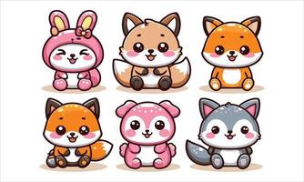 Cute cartoon animals set of fox, rabbit, squirrel, rabbit, fox, rabbit, fox vector