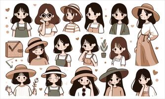 A set of different women's faces with hats vector