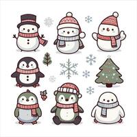 Cute snowmen and penguins in winter clothes vector