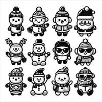 A set of black and white cartoon characters in winter clothes vector