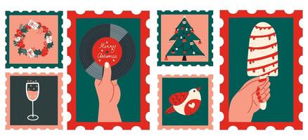 Hand-drawn Christmas post stamps set. New Year collection design elements on isolated background. vector