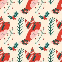 Christmas seamless pattern with bird and holly. vector