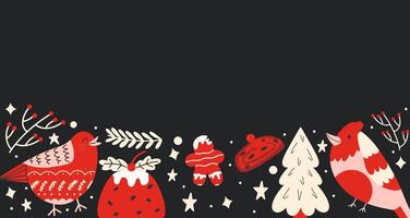 Black Christmas background with empty space and birds, Cristmas tree and pastry. vector