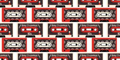 New Year seamless pattern with audio cassettes. Christmas retro background vector