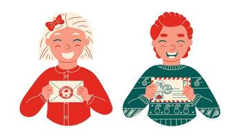 Children With Letters To Santa Claus. Portrait of a happy girl and boy with a letter in their hands to the North Pole. vector