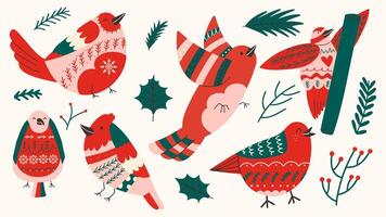Winter Christmas birds and plants. Forest cute characters. Birds with New Year's patterns in Scandinavian style vector