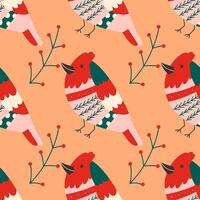 Christmas seamless pattern with bird and holly. Hand drawn print illustration. vector
