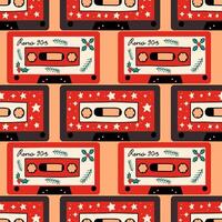 New Year seamless pattern with audio cassettes. Christmas design background. Trendy Christmas pattern for print, wrapping paper, notebook cover. vector