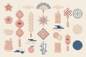 Hand drawn element illustration set of Asian Chinese traditional red and gold elements with outline celebreation and Chinese New Year. For poster, card, tag, invitation, media, web vector