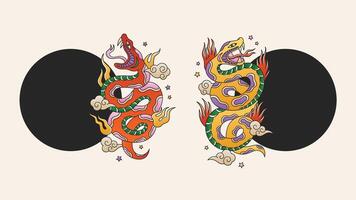 Snake new year frames with symbol of the snake. Traditional oriental tattoo style. Set of two pythons with clouds, fire and stars. Happy chinese new year templates vector