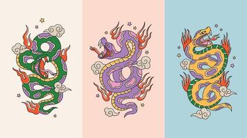 Snake set in traditional oriental tattoo style. Happy new year poster templates with snakes, fire, clouds and stars. Colorful pythons of lunar year symbol vector