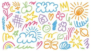 Hand drawn colorful charcoal doodle collection. Pencil drawings set with squiggle shapes and forms include crowns, sun, stars, flowers, clouds, smile and other collage elements vector