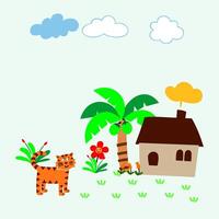 A cartoon tiger and house in the middle of a field vector
