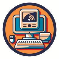 Retro style icon of computer and keyboard set inside circle on isolated background ilustrao vector