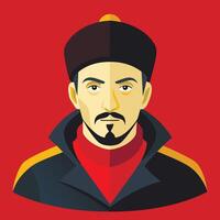 A man in a hat and coat on a red background vector