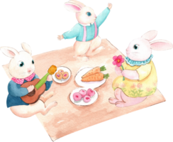 A family of rabbits sits on a mat having a picnic, singing and dancing., hand-drawn watercolor painting illustration png