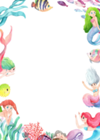 The World of Mermaids and Marine Animals Frame Design, Watercolor Hand-Drawn Illustration png