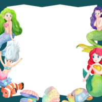 Mystical Mermaids and Their Ocean Friends Frame Design, Watercolor Hand-Drawn Illustration png
