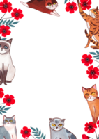 An orange, grey, brown, and white cat sits and enjoys the crawling of a red flower., hand-drawn watercolor frame design png