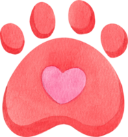 red dog paw print with a pink heart in the center, hand-drawn watercolor painting illustration png