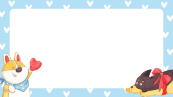 A brown and white dog holds up a heart, a dachshund wears a red bow.., hand-drawn watercolor frame design png