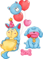 A blue dog sits with a sagging belly wearing a party hat with balloons tied to it. Another dog holds a heart-shaped toy in his mouth., hand-drawn watercolor painting illustration png