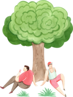 man sips wine while sitting under a tree, enjoying the view, hand-drawn watercolor illustration png