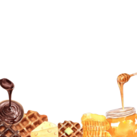 Square frame of chocolate and honey-topped waffles, hand-drawn watercolor illustration. png