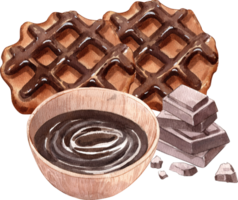 Hand-drawn watercolor illustration of chocolate-topped waffles. png