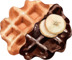Chocolate waffle topped with banana, Hand Drawn Illustration Watercolor paintin png