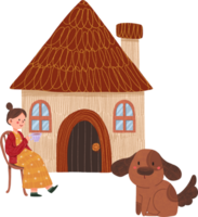 small house with brown-red roof, woman and dog, hand-drawn digital painting illustration png