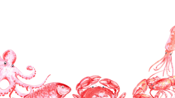 Fresh squid, fish, shrimp, and crab, hand-drawn watercolor frame design png