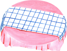 A top-down view of a pink round tablecloth, setting the table, hand-drawn watercolor painting illustration png