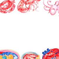 Seafood platter with shrimp, crab, squid, steamed fish with lemon, boiled shrimp, and baked lobster, hand-drawn watercolor frame design png