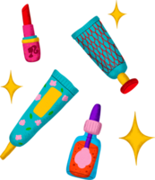 Digital painting of cosmetics with cartoon lines, bright colors, in pop style. png
