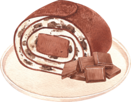 Chocolate crepe cake roll filled with chocolate chip cream and chocolate bars, hand-drawn watercolor illustration png