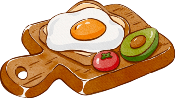 cute egg toast, tomato and avocado on a wooden cutting board, hand-drawn watercolor illustration png