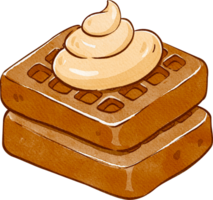 cute waffles topped with whipped cream, hand-drawn watercolor illustration png