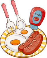 sunny-side-up egg and two sausages served on a white plate with a yellow background, american breakfast, hand-drawn watercolor illustration png