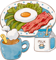 a cute healthy breakfast with salad, avocado, bacon, and a fried egg served on a polka dot plate, along with a white and blue milk carton and hot coffee, american breakfast, handdrawn png